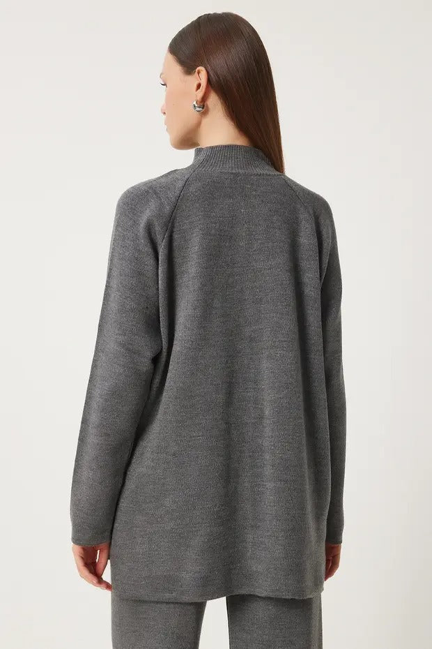 Grey Acrylic Knit Two-Piece Set | Mock Neck, Side Slits, Elastic Waist | AtikaStyle