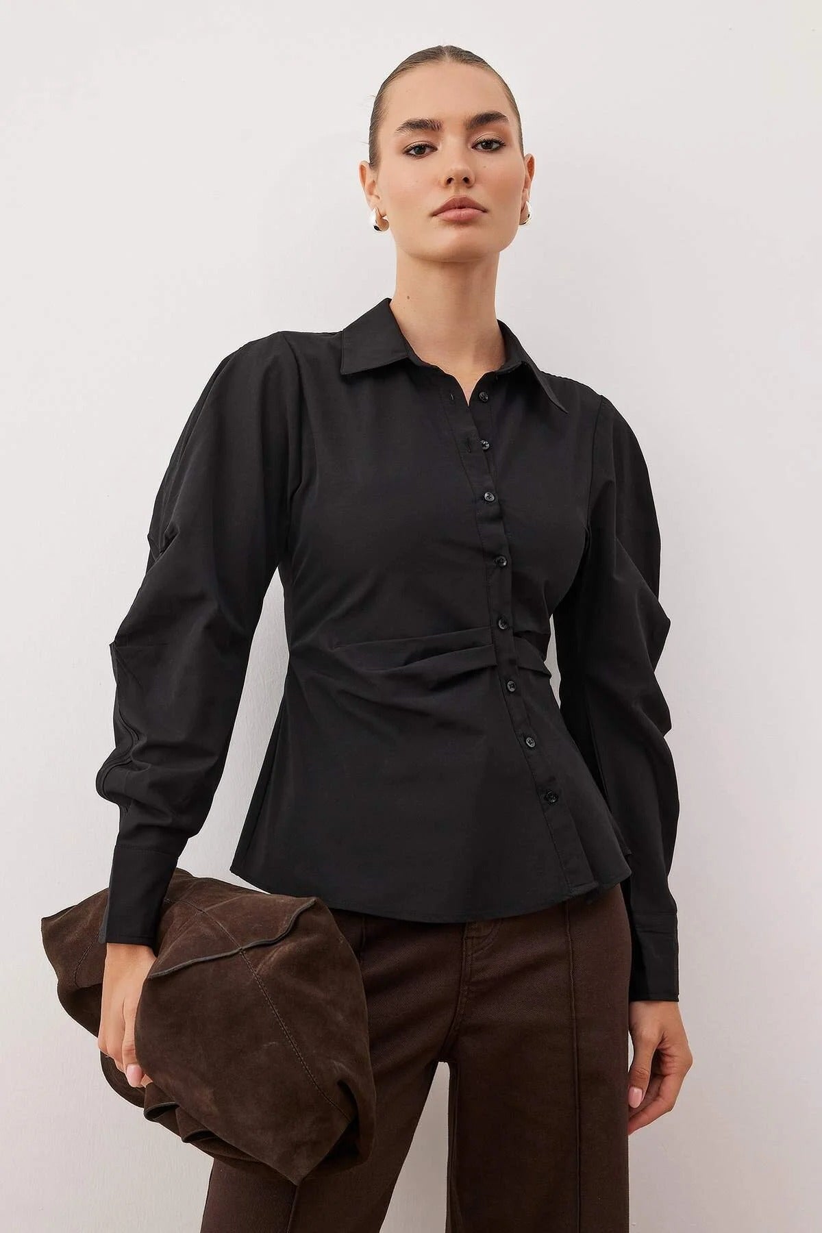 Brown & White Striped Structured Button-Up Blouse | Tailored Waist Detail | AtikaStyle