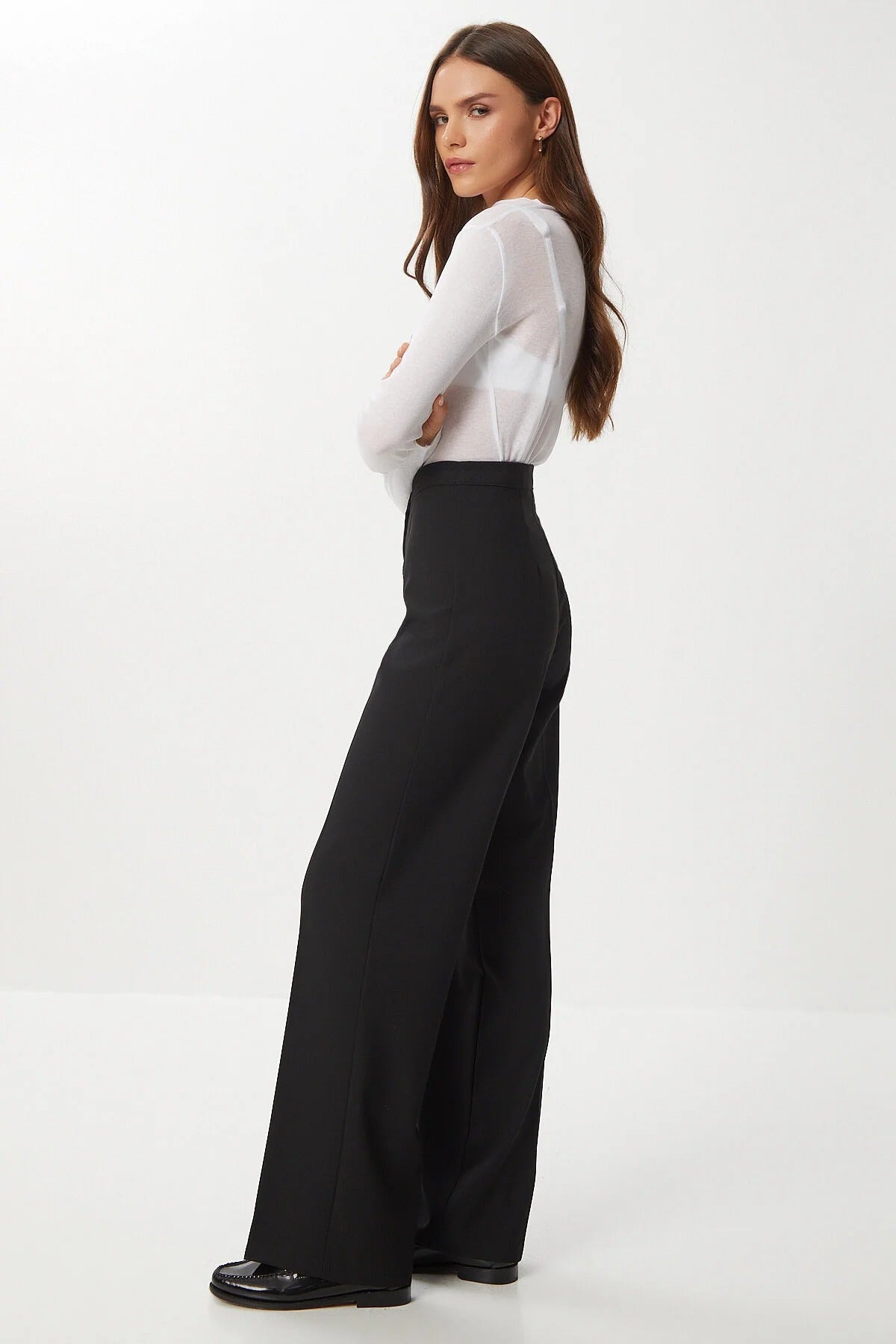 Black Straight Poliviscose Pants | High Waist, Wide Leg | AtikaStyle