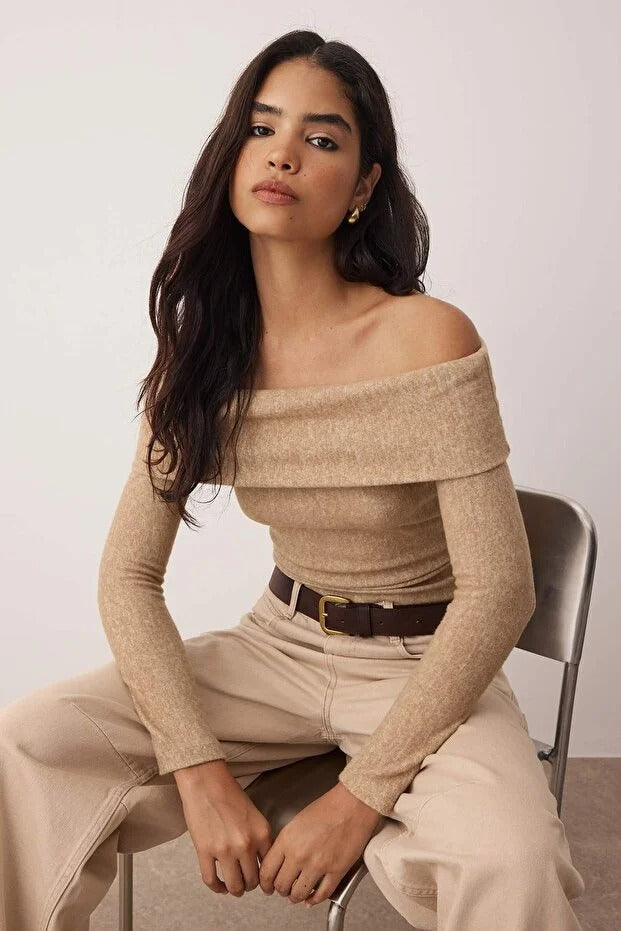 Beige Soft Carmen-Neck Fitted Knit Blouse | Off-Shoulder Stretch Top | AtikaStyle