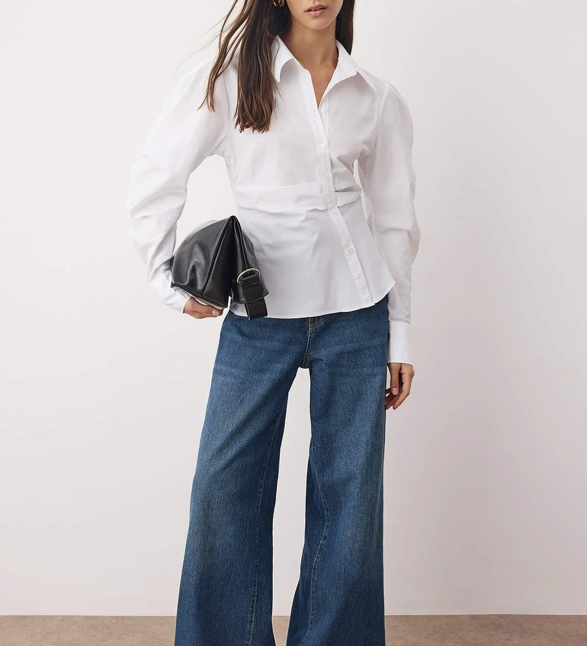 Brown & White Striped Structured Button-Up Blouse | Tailored Waist Detail | AtikaStyle