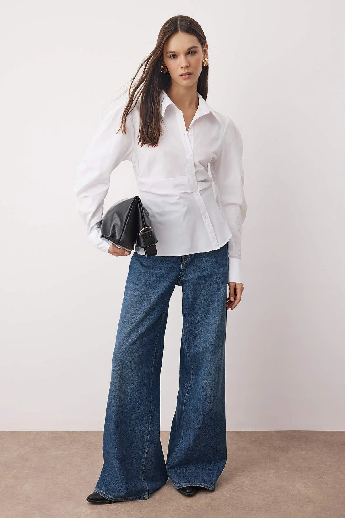 Brown & White Striped Structured Button-Up Blouse | Tailored Waist Detail | AtikaStyle