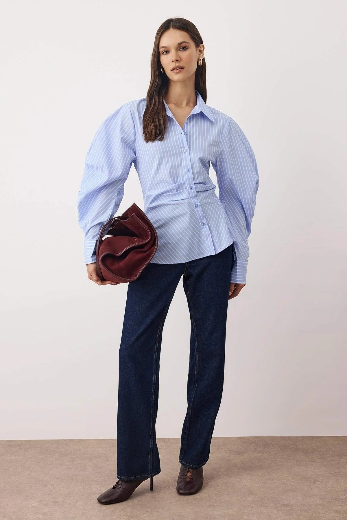 Brown & White Striped Structured Button-Up Blouse | Tailored Waist Detail | AtikaStyle