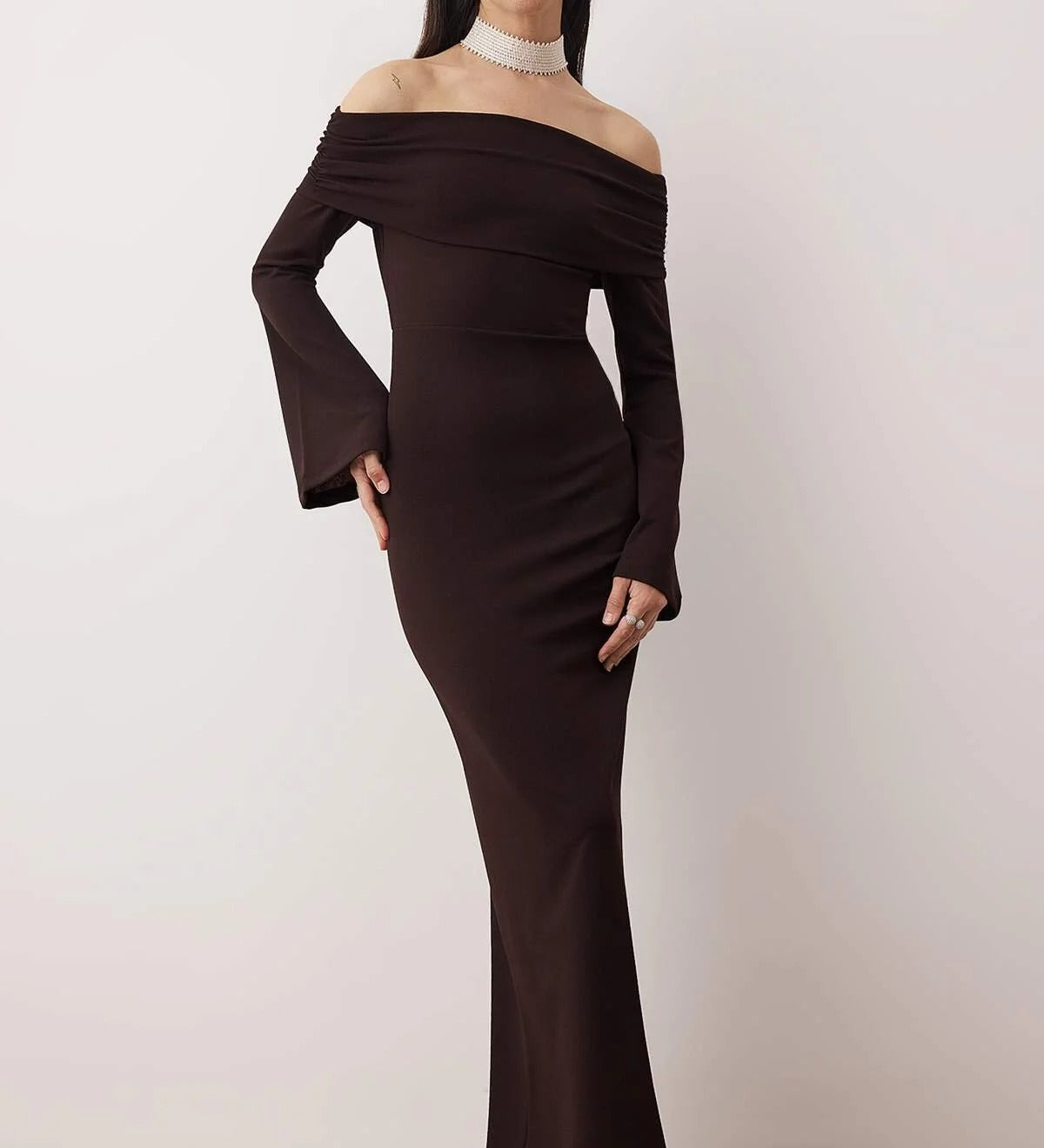 Black Off-Shoulder Long Sleeve Maxi Dress | Elegant Side-Slit Evening Gown | AtikaStyle