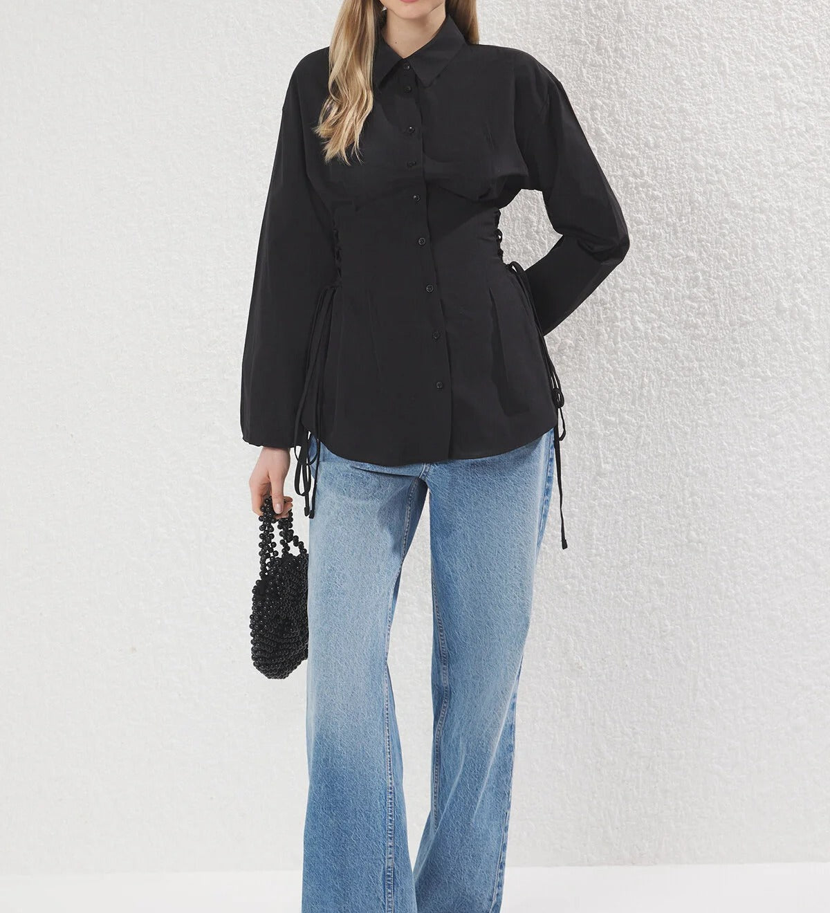 Blue Striped Adjustable-Waist Button-Up Shirt | Tailored Cinch Detail | AtikaStyle