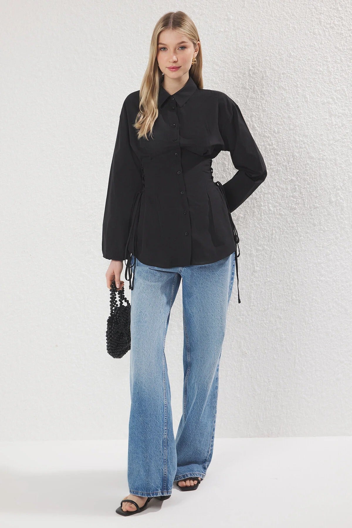 Blue Striped Adjustable-Waist Button-Up Shirt | Tailored Cinch Detail | AtikaStyle