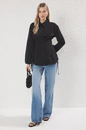 Blue Striped Adjustable-Waist Button-Up Shirt | Tailored Cinch Detail | AtikaStyle