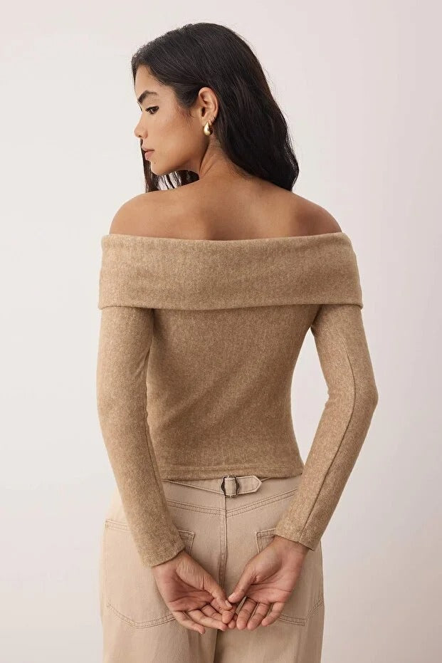 Beige Soft Carmen-Neck Fitted Knit Blouse | Off-Shoulder Stretch Top | AtikaStyle
