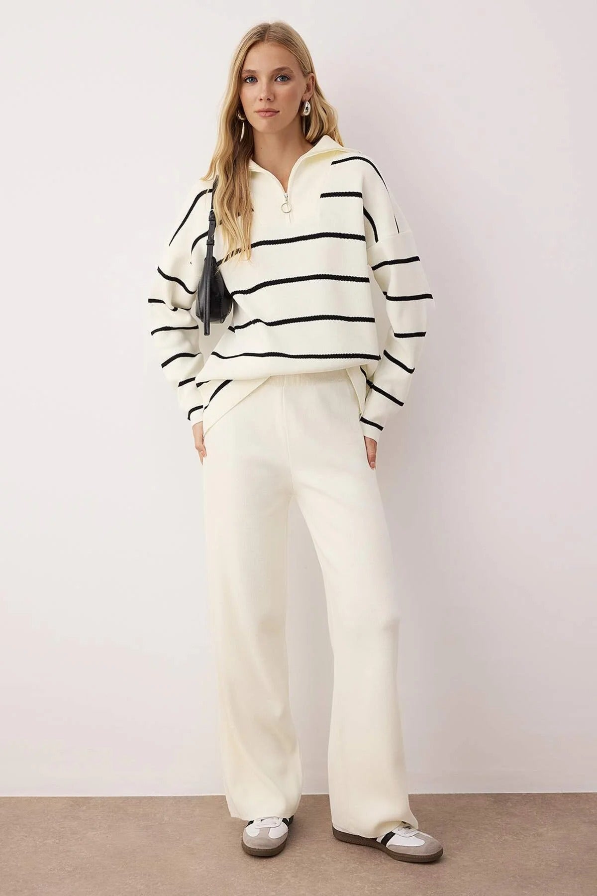 Charcoal Striped Knit Lounge Set | Relaxed Fit Pullover & Wide-Leg Pants | AtikaStyle