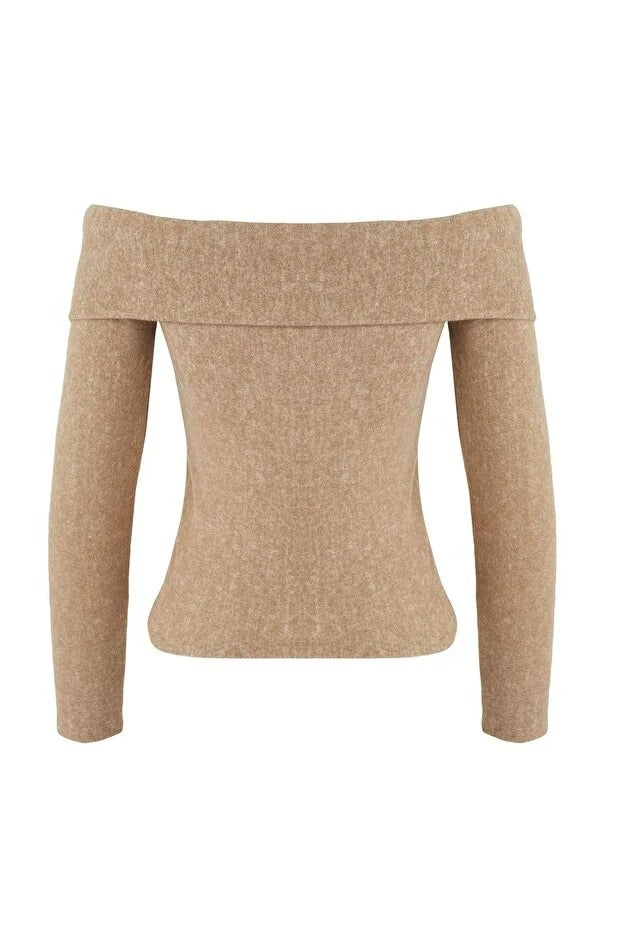 Beige Soft Carmen-Neck Fitted Knit Blouse | Off-Shoulder Stretch Top | AtikaStyle