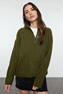 Beige Ribbed Henley Knit Sweater for Women | Soft Button-Neck Top | AtikaStyle