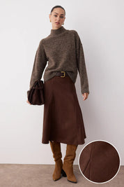 Brown Suede Midi Skirt | A‑Line Soft Suet Fabric | AtikaStyle