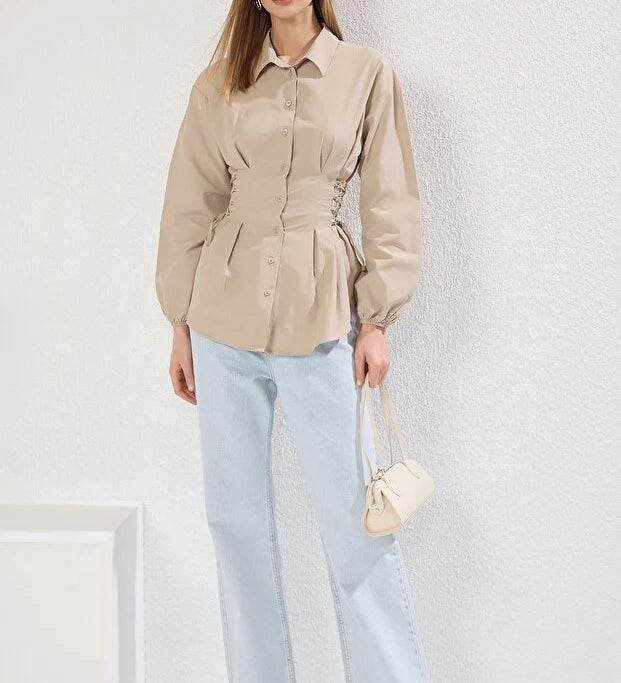 Blue Striped Adjustable-Waist Button-Up Shirt | Tailored Cinch Detail | AtikaStyle