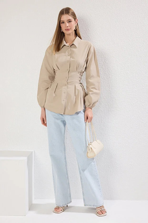 Blue Striped Adjustable-Waist Button-Up Shirt | Tailored Cinch Detail | AtikaStyle