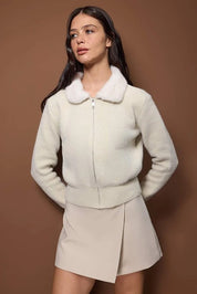 Ivory teddy zip jacket for women with soft fleece texture | AtikaStyle