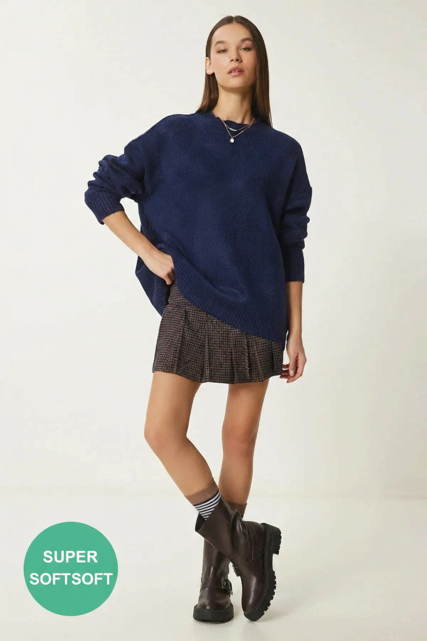 Burgundy Soft-Touch Knit Sweater | Crewneck, Drop-Shoulder, Stretch | AtikaStyle