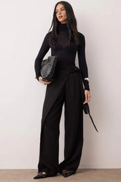 Black Tencel Wrap Wide-Leg Pants | Soft High-Waist Tailored Trousers | AtikaStyle