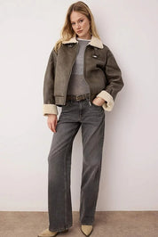 Olive Faux Leather Shearling Aviator Jacket | Oversized Winter Coat | AtikaStyle