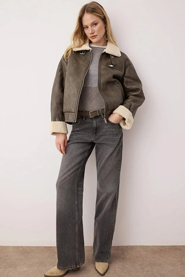 Olive Faux Leather Shearling Aviator Jacket | Oversized Winter Coat | AtikaStyle