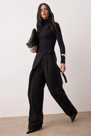Black Tencel Wrap Wide-Leg Pants | Soft High-Waist Tailored Trousers | AtikaStyle