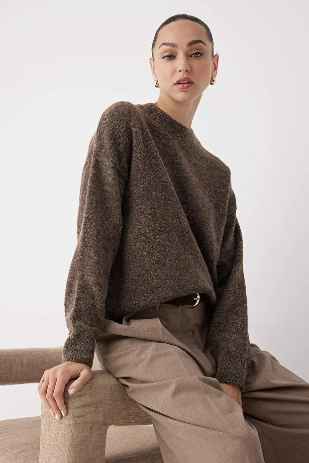 Taupe Alpaca-Blend Oversize Knit Sweater | Wardrobe Essentials Pullover | AtikaStyle