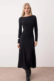 Black Ruffle Boat Neck Maxi Knit Dress | Flared Hem & Waist Tie | AtikaStyle