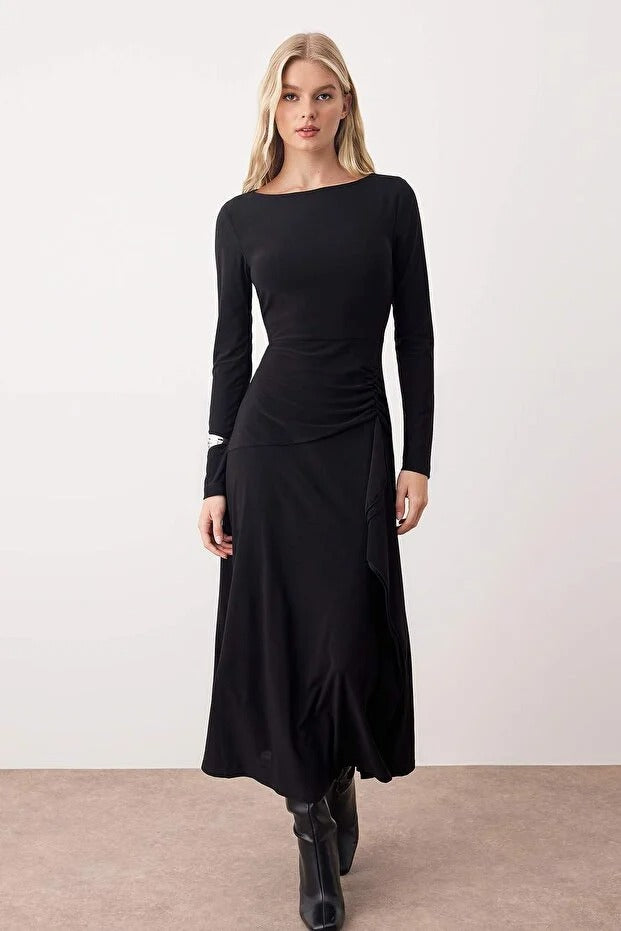 Black Ruffle Boat Neck Maxi Knit Dress | Flared Hem & Waist Tie | AtikaStyle