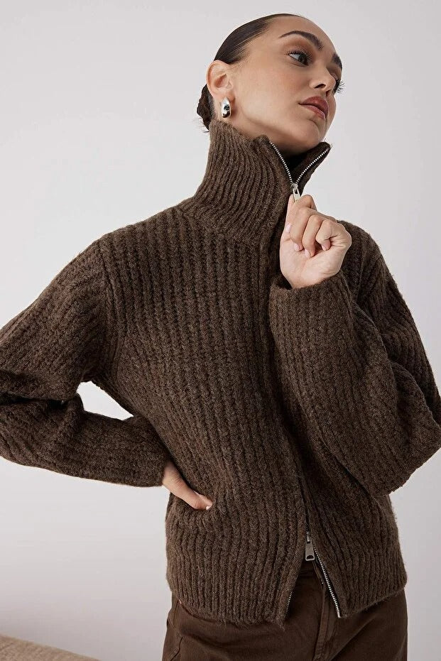 Brown Soft Knit Zip Cardigan | Oversize Fit, Drop Shoulder