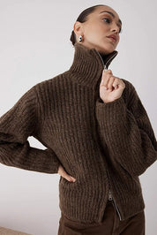 Model wearing brown ribbed knit zip cardigan — AtikaStyle