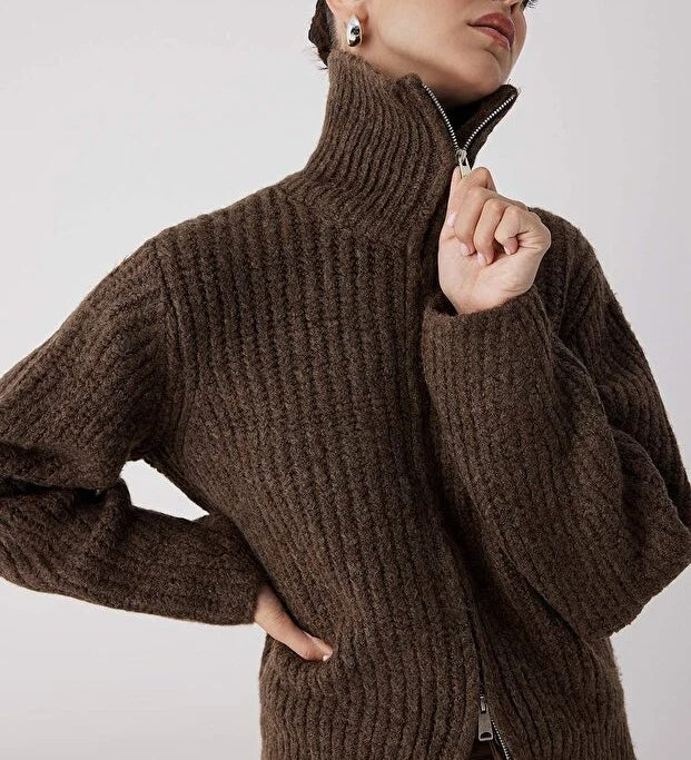 Model wearing brown ribbed knit zip cardigan — AtikaStyle