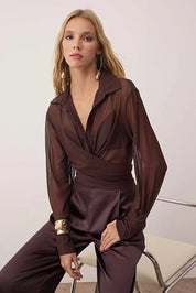 Chocolate Brown Sheer Wrap Mesh Blouse | Ruched Long Sleeve Evening Top | AtikaStyle