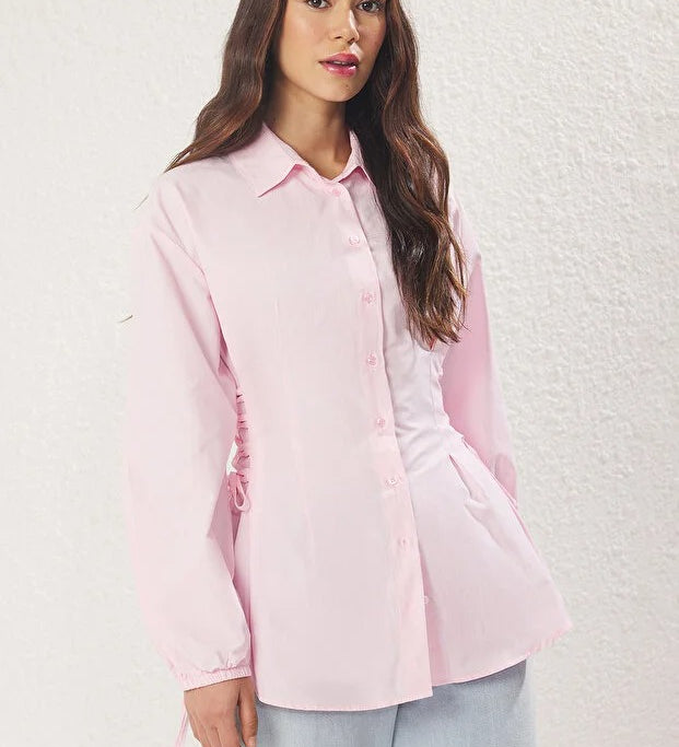 Blue Striped Adjustable-Waist Button-Up Shirt | Tailored Cinch Detail | AtikaStyle