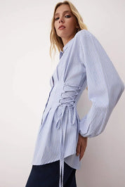 Blue Striped Adjustable-Waist Button-Up Shirt | Tailored Cinch Detail | AtikaStyle