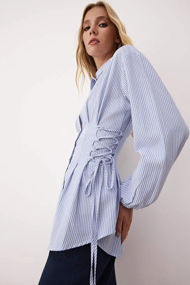 Blue Striped Adjustable-Waist Button-Up Shirt | Tailored Cinch Detail | AtikaStyle