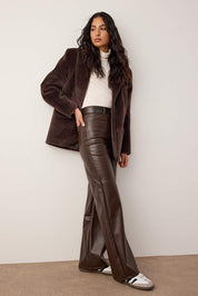 Brown Faux Leather Flare Pants | Relaxed Seam Detail | AtikaStyle