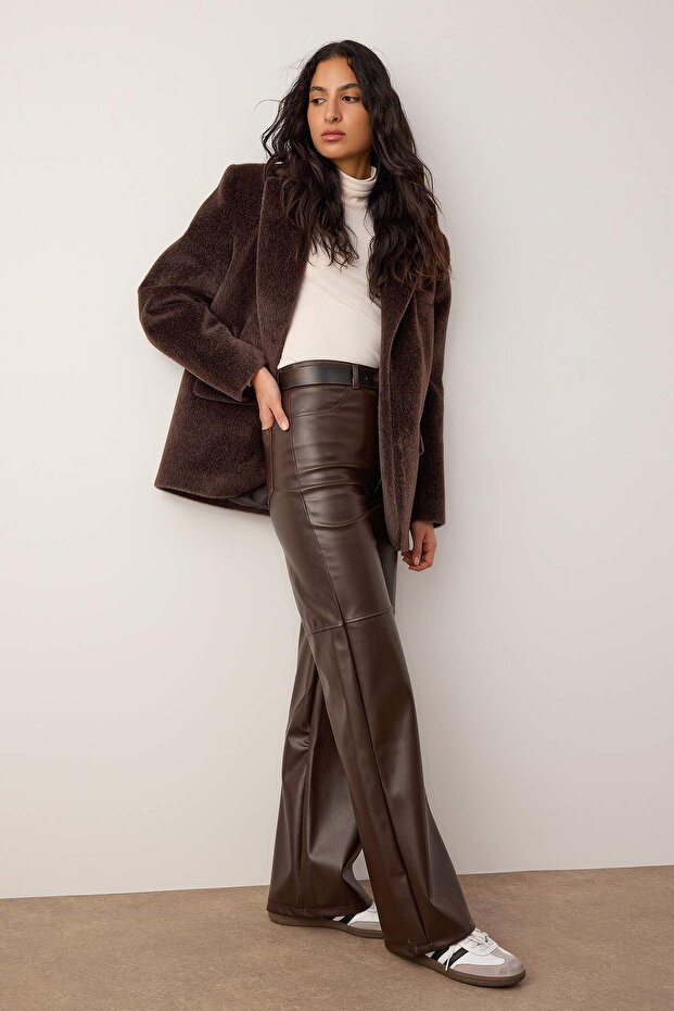 Brown Faux Leather Flare Pants | Relaxed Seam Detail | AtikaStyle