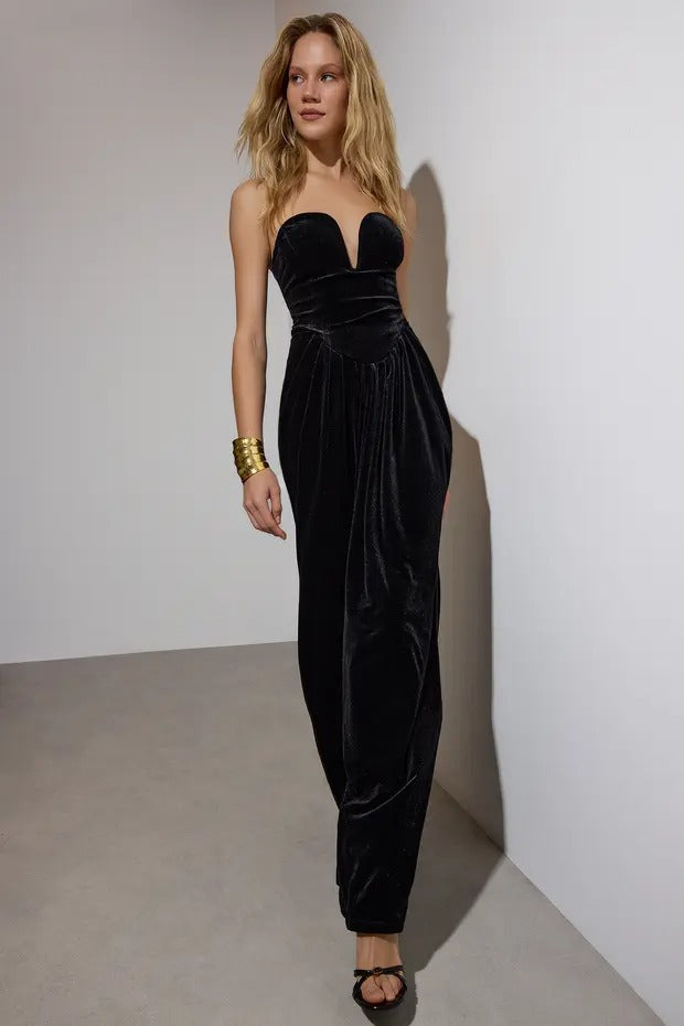 Black Velvet Sweetheart Maxi Evening Dress | Strapless, Ruched Waist | AtikaStyle