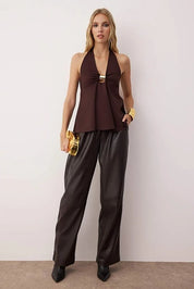 Chocolate brown halter neck top with gold accent detail for women | AtikaStyle
