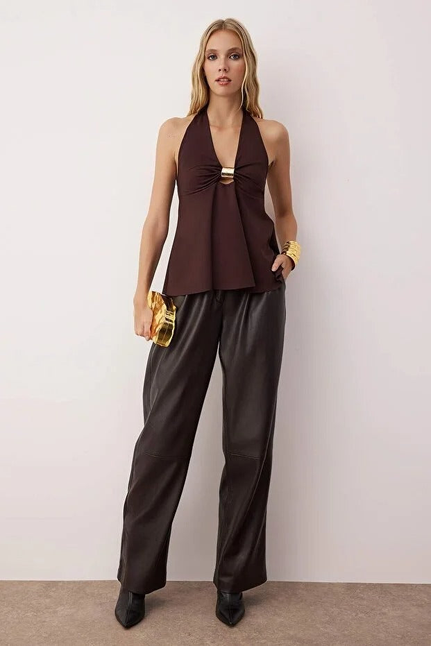 Chocolate brown halter neck top with gold accent detail for women | AtikaStyle
