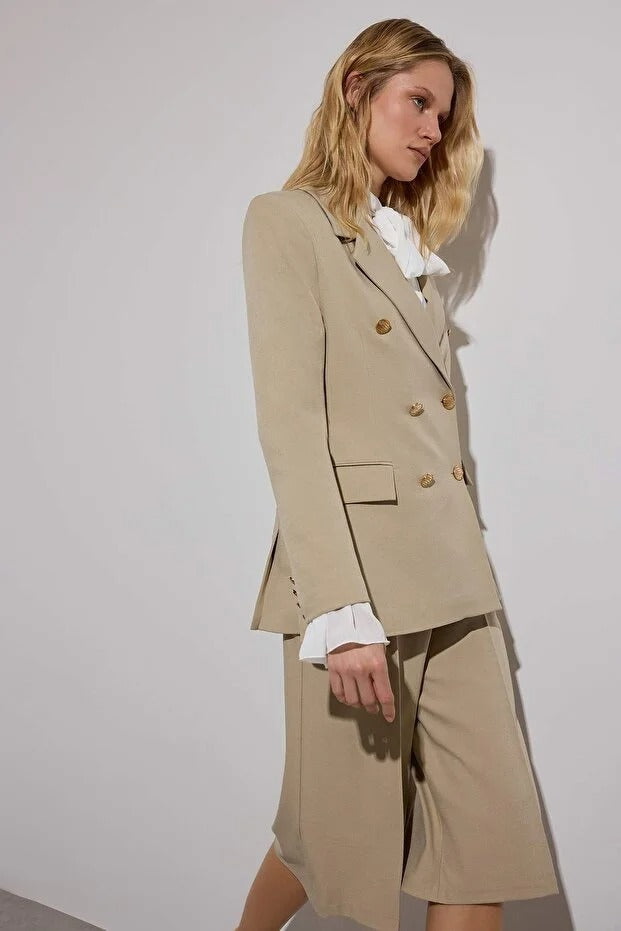 Taupe (Vizon) Chain-Detail Woven Blazer | Tailored, Single-Breasted | AtikaStyle