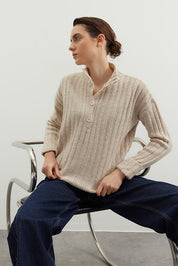 Women’s beige ribbed henley knit sweater with button neckline — AtikaStyle”
