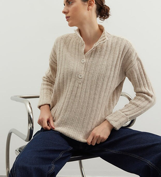 Women’s beige ribbed henley knit sweater with button neckline — AtikaStyle”
