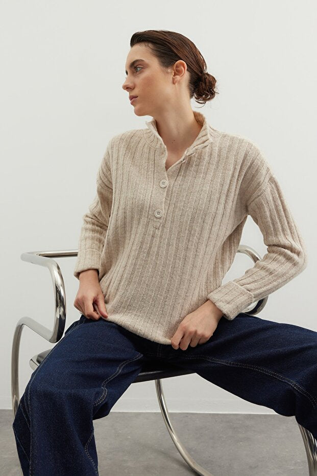 Women’s beige ribbed henley knit sweater with button neckline — AtikaStyle”
