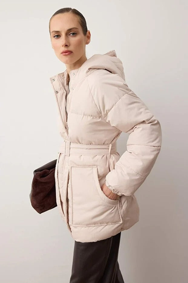 Stone Belted Hooded Puffer Coat | Water-Repellent Winter Jacket | AtikaStyle