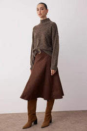Brown Suede Midi Skirt | A‑Line Soft Suet Fabric | AtikaStyle