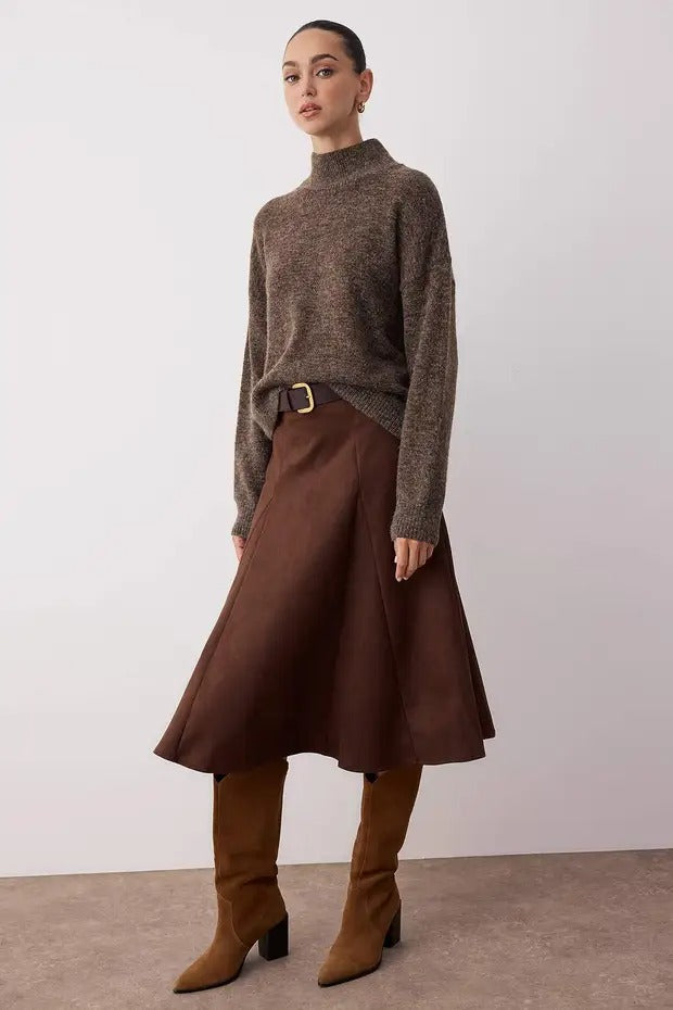 Brown Suede Midi Skirt | A‑Line Soft Suet Fabric | AtikaStyle