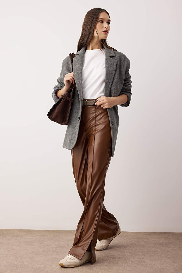 Brown Faux Leather Bootcut Pants | Flare Fit | AtikaStyle