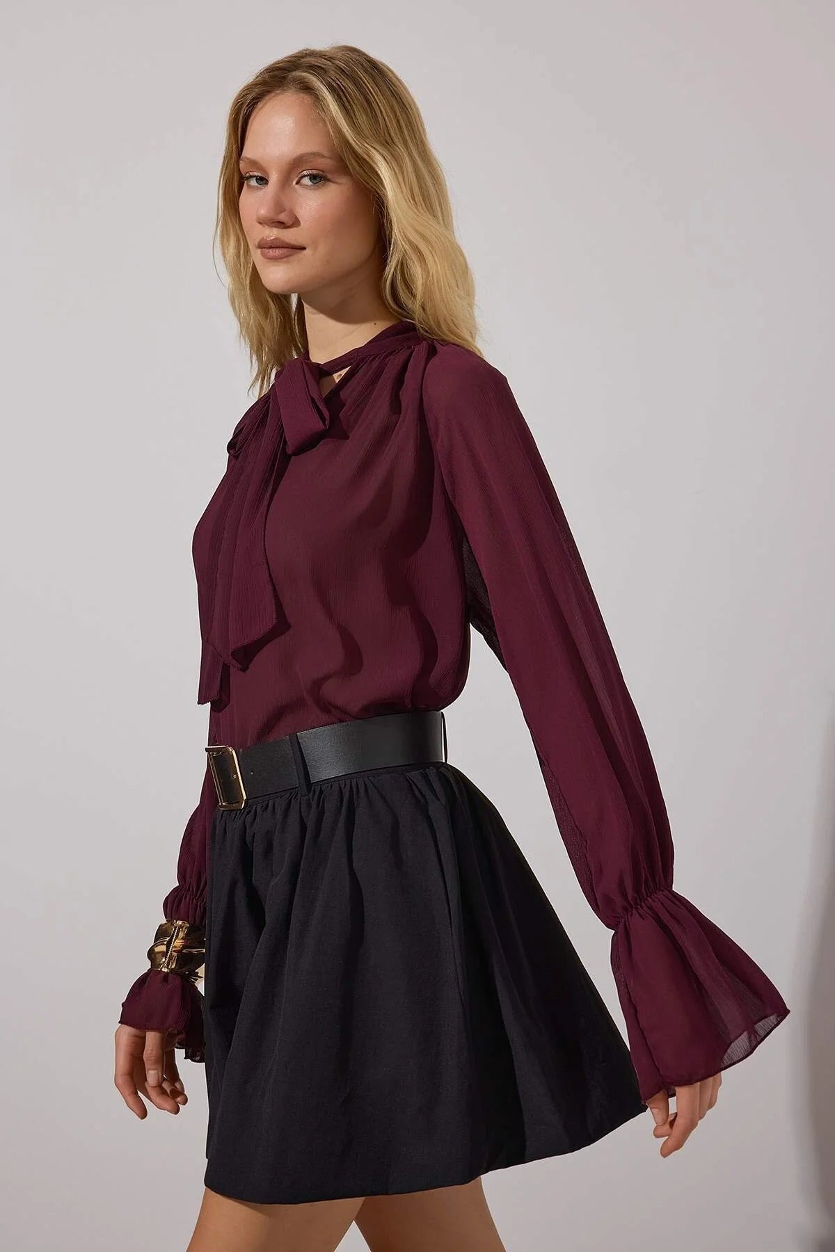Dark Burgundy Halter Tie Sheer Party Blouse | Limited Edition | AtikaStyle