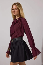 Dark Burgundy Halter Tie Sheer Party Blouse | Limited Edition | AtikaStyle