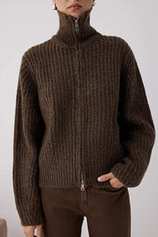 Oversize brown zip sweater with drop shoulder — AtikaStyle